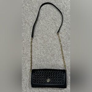 Tory Burch Woven Basket Leather Crossbody Evening Bag, Black